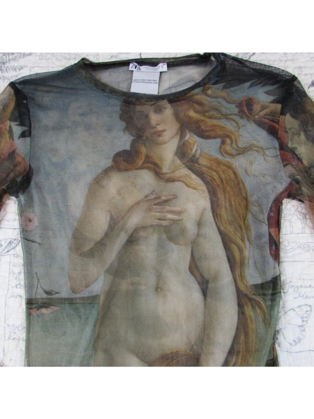 Mesh Tattoo Top Birth of Venus Long Slv Shirt Y2K Goddess Bodysuit Gothcore M - Picture 5 of 7